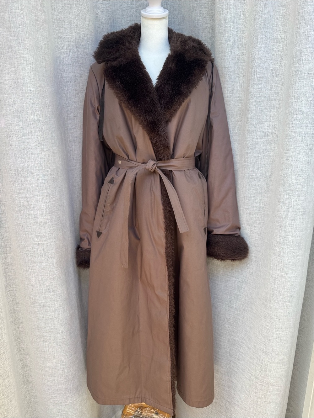 Vintage London Fog brown belted wrap overcoat  faux fur shawl collar and matchin